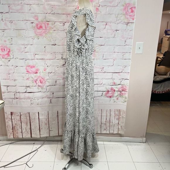 Express Women's V-neck Ruffled Trim High Slit Maxi Dress Black/White Size XL - Picture 7 of 10